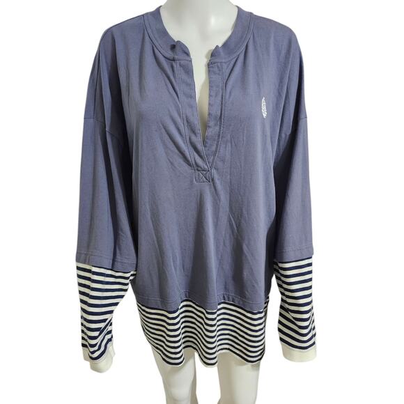 Free People Movement Side To Side Layer M Top Blue White Stripe Pullover Tunic - Picture 2 of 8